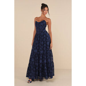 Lulus Gracefully Elegant Navy Blue Burnout Floral Bustier Maxi Dress - Size M